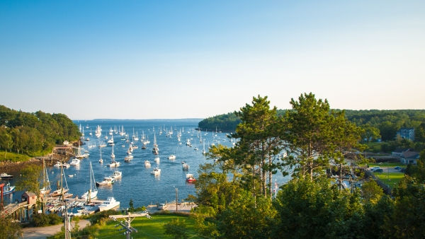 An aerial photo of the harbor in Rockport.