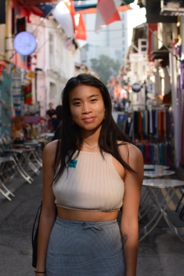 Samantha Sitt on a colorful Singapore street