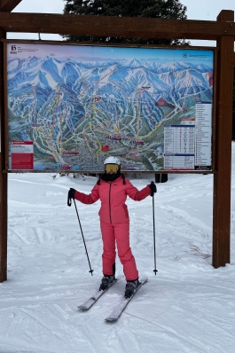 A photo of Victoria skiing.