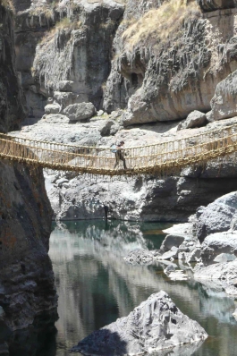 Dylan crossing a rope bridge.